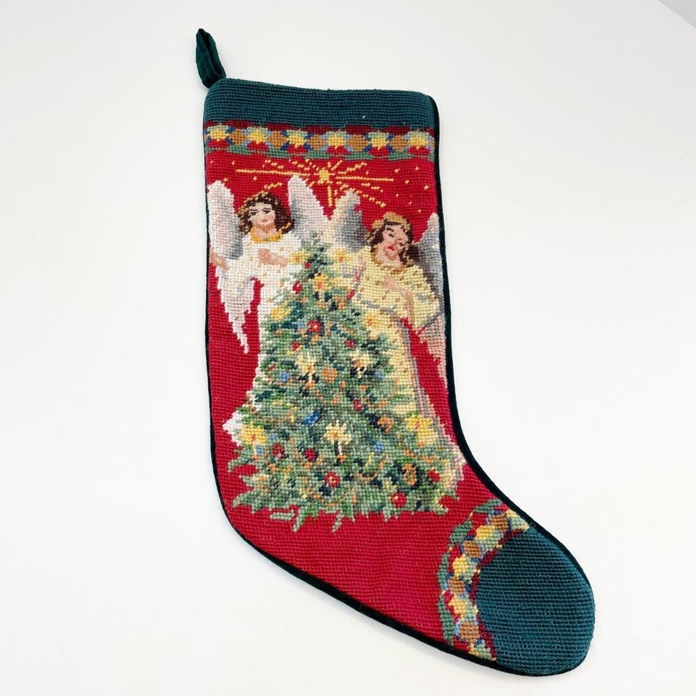 Vintage Needlepoint Wool Christmas Stocking Angels Tree Holiday.
